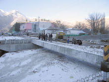 A bridge being built as part of the widening and improvement of the road between Dushanbe and Khujand in Tajikistan using Chinese labor and equipment.
