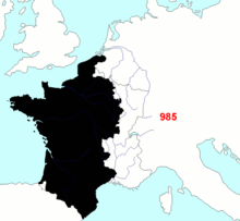 Carte animée montrant l’évolution du territoire français métropolitain de 985 à 1947
près s’être petit à petit accru au Moyen Âge et aux Temps Modernes, la France a connu sa dernière extension territoriale majeure et définitive en 1860, avec l’acquisition de Nice et de la Savoie.