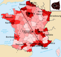 Ici figure une carte démographique de la France, montrant les densités de population par département et faisant figurer la « diagonale du vide » et la ligne Le Havre-Marseille.