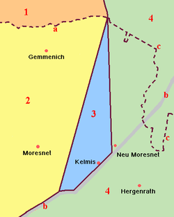 Carte du MoresnetLégende :1. Pays-Bas en 1830 (Province de Limbourg)2elgique (province de Liège)3. Moresnet4. Prusse (Province rhénane)a
ncienne frontière belgo-prussienne en 1843b. Route Aix-la-Chapelle - Liègec
ctuelle frontière germano-belge depuis 1919