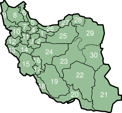 Carte des 30 provinces d'Iran découpée par numéro